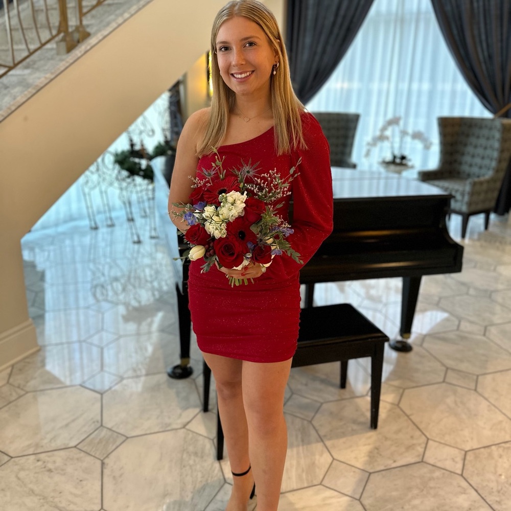 Red sparkly off the shoulder Dress
